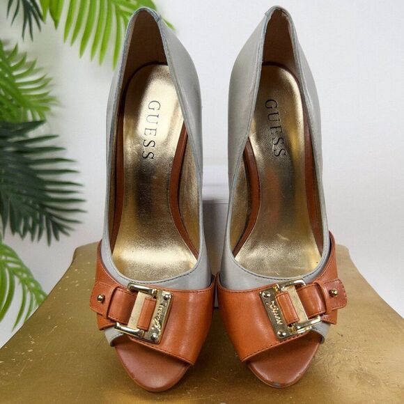 Womens Guess Old Money Classy Leather Peep-Toe Stiletto Buckle Heels / 5.5 - Picture 7 of 9